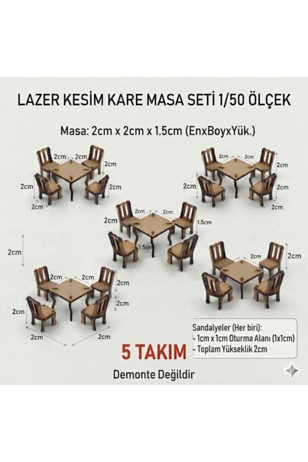 5 set 1/50 Ölçek Maket Kare Masa Sandalye Seti Lazer Kesim Montajlı Minyatür Mobilya tefrişi