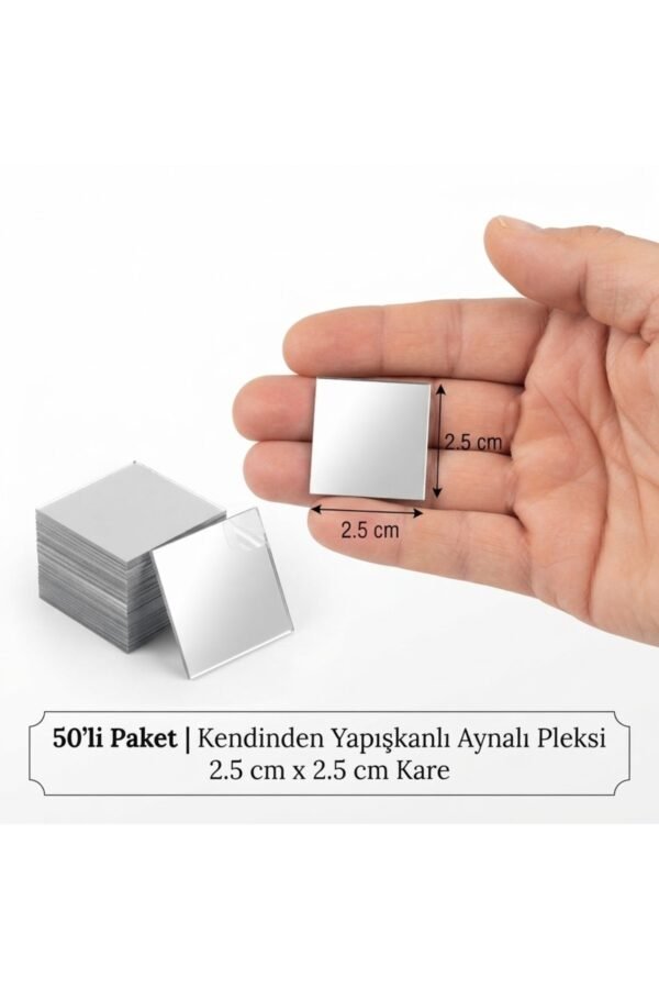 50 adet 2,5 cm Kare Gümüş Renk Yapışkanlı Aynalı Pleksi Mozaik Ayna