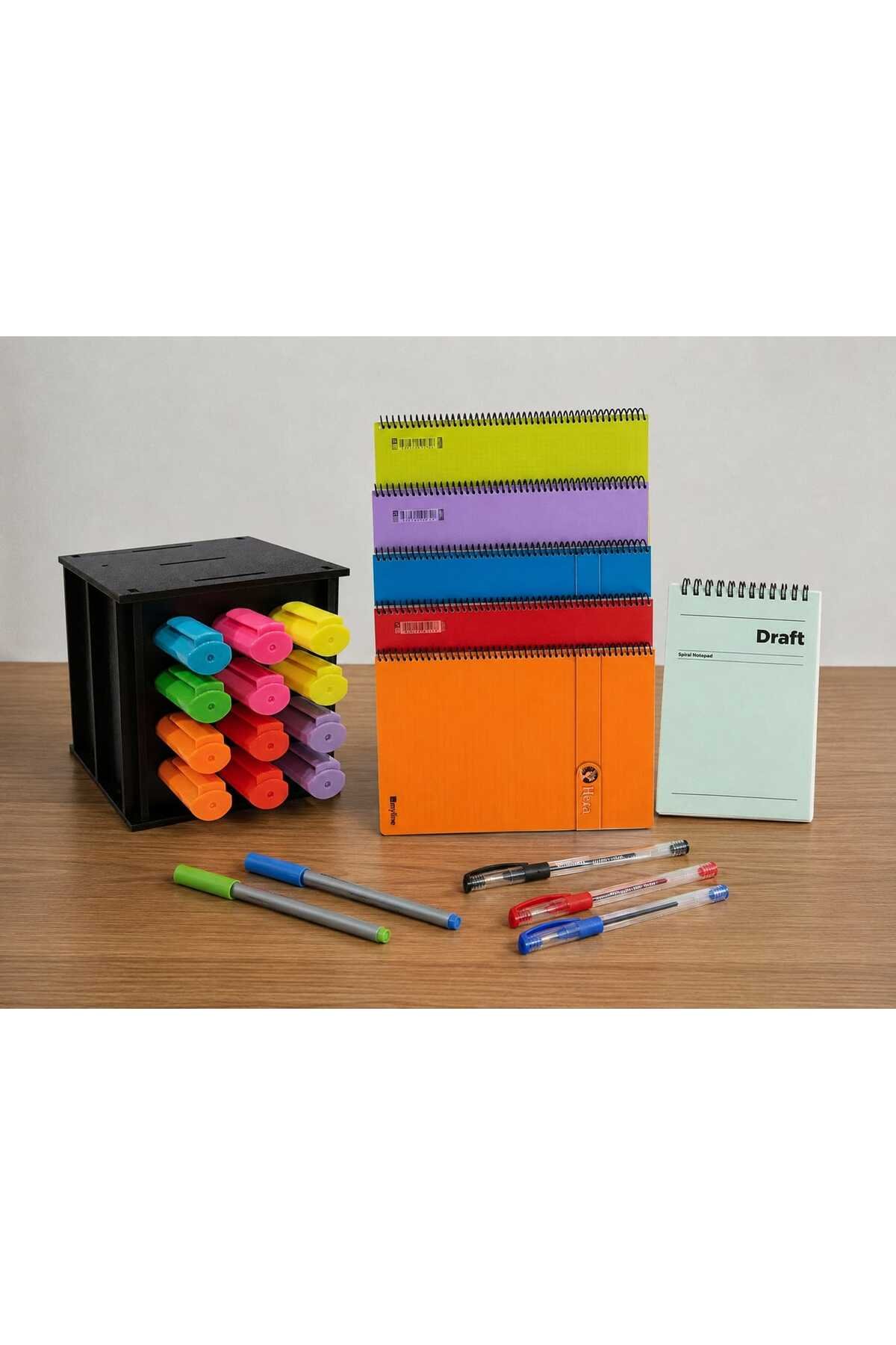 A4 Karışık renk Spiralli Defter ve 12'li Canlı Renkler Fosforlu Kalem Seti | 5'li Defter, Renkli Kalem ve Not Defteri Seti -