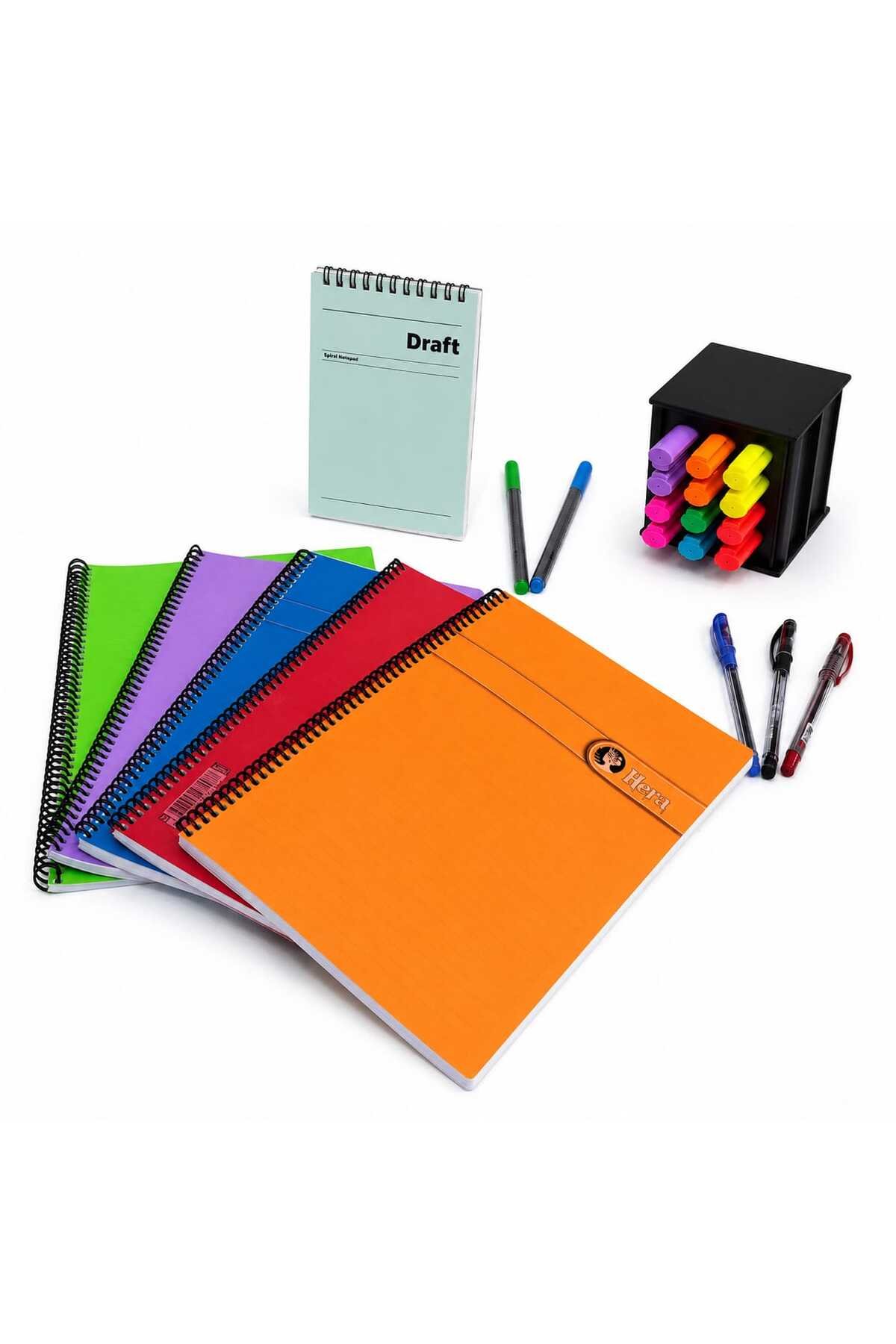 A4 Karışık renk Spiralli Defter ve 12'li Canlı Renkler Fosforlu Kalem Seti | 5'li Defter, Renkli Kalem ve Not Defteri Seti