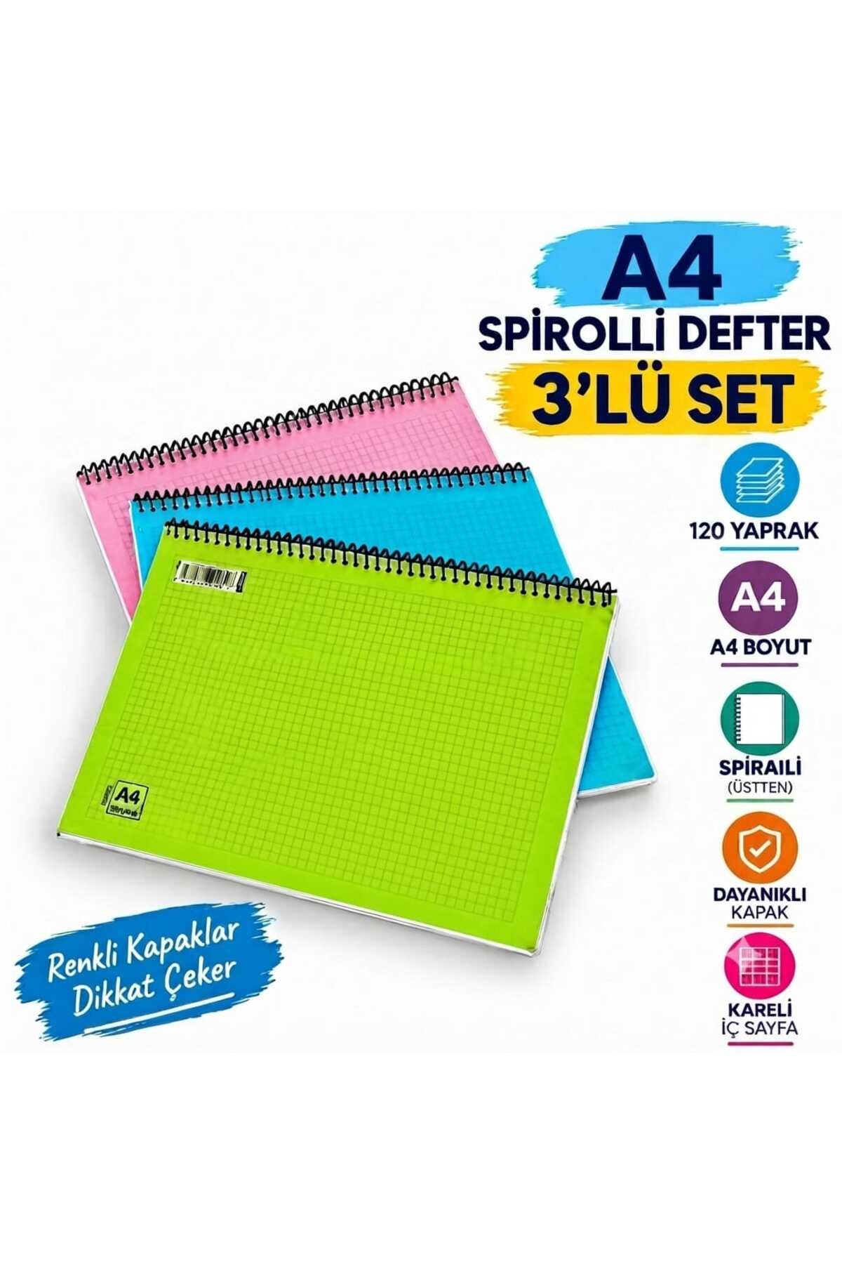 A4 Spiralli Kareli Defter 120 Yaprak Karışık Renk Dayanıklı Kapak 5li Set - görsel 3