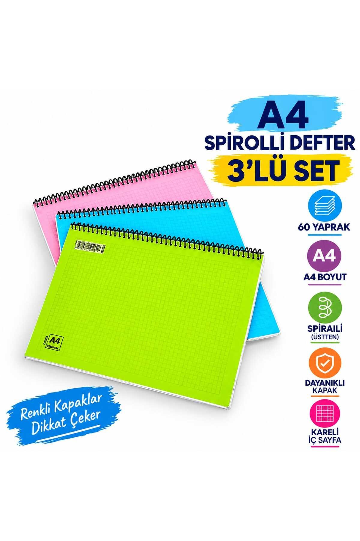 A4 Spiralli Kareli Defter 60 Yaprak Karışık Renk Dayanıklı Kapak 2'li Set - görsel 2