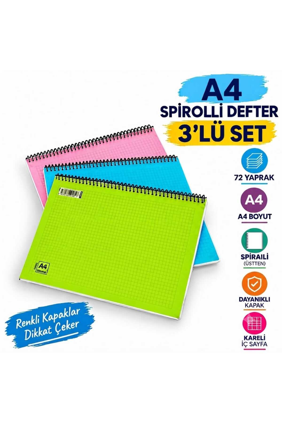 A4 Spiralli Kareli Defter 72 Yaprak Karışık Renk Dayanıklı Kapak 3 lü Set