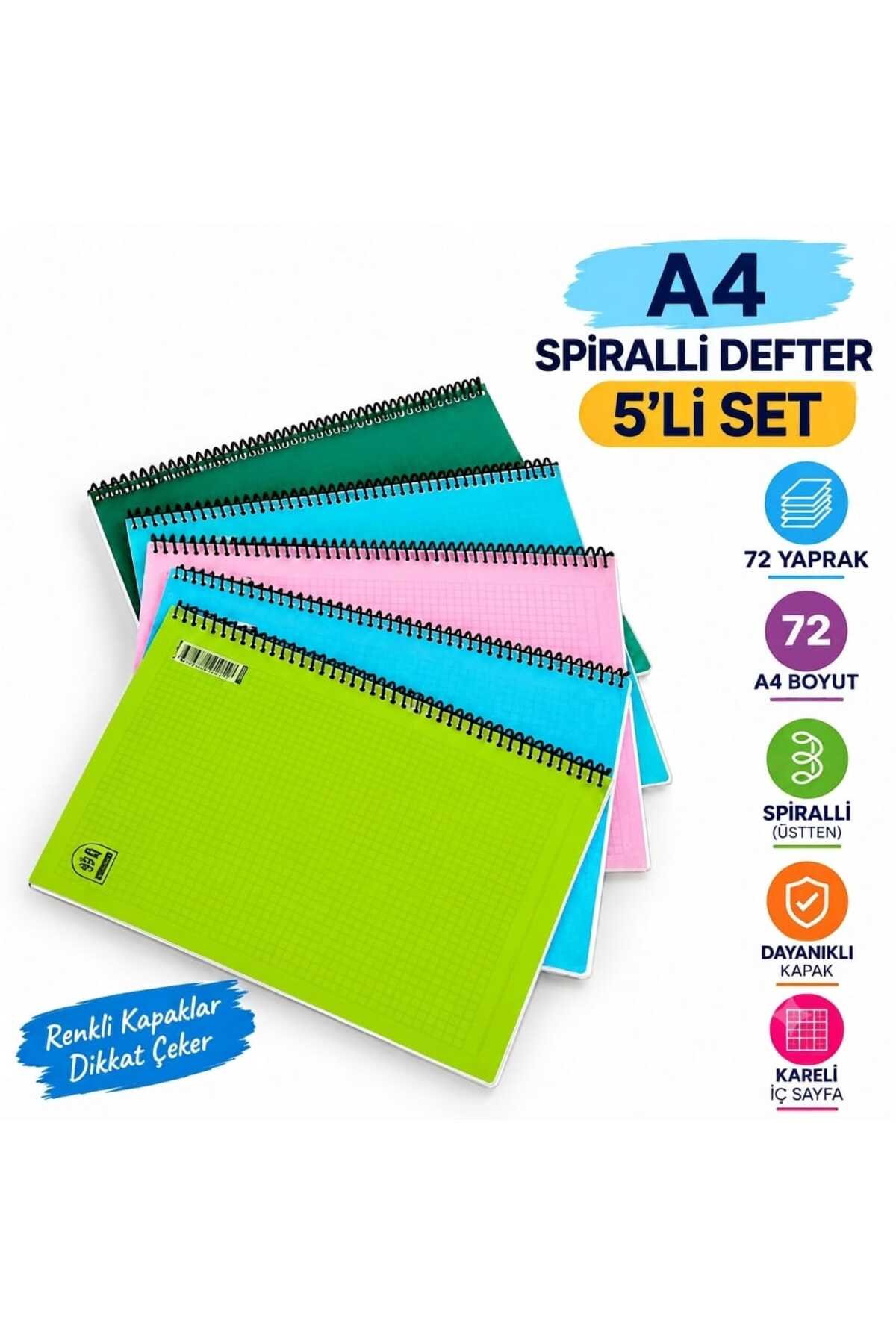 A4 Spiralli Kareli Defter 72 Yaprak Karışık Renk Dayanıklı Kapak 3 lü Set - görsel 2