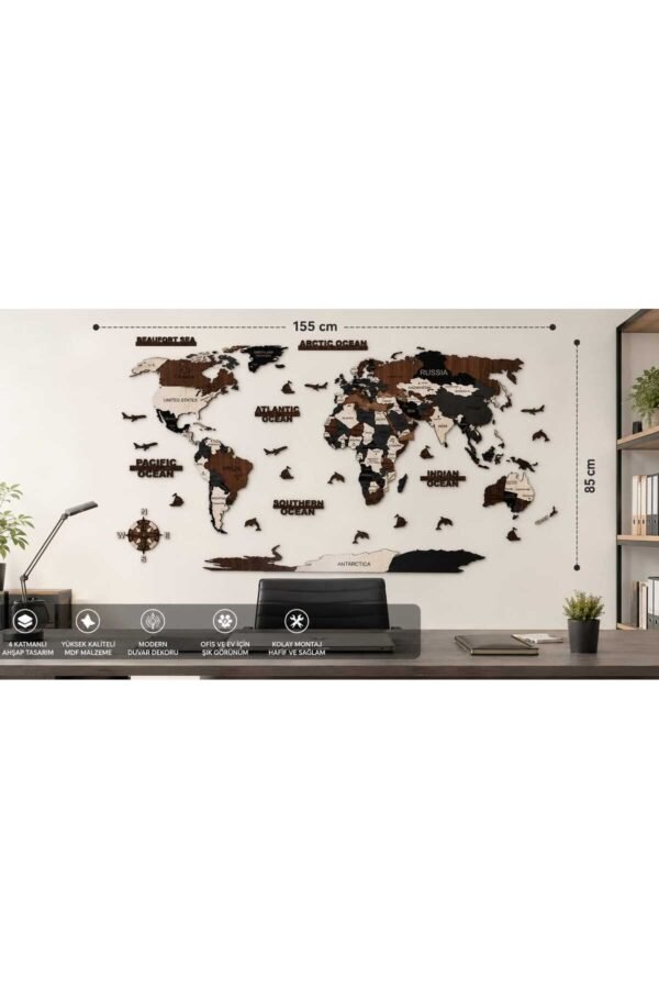 Ahşap Dünya Haritası Duvar Dekoru 4 Katmanlı Lazer Kesim MDF Tablo (155x85 cm)