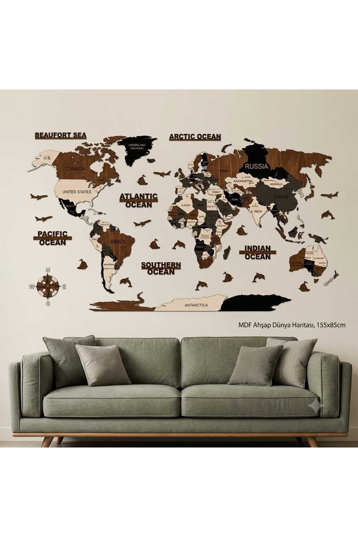 Ahşap Dünya Haritası Duvar Dekoru 4 Katmanlı Lazer Kesim MDF Tablo (155x85 cm)