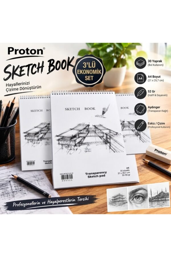 Aydınger Eskiz Defteri 3 Adet A4 30 Yaprak 52 Gr Transparan Şeffaf Çizim Kağıdı Spiral Sketchbook