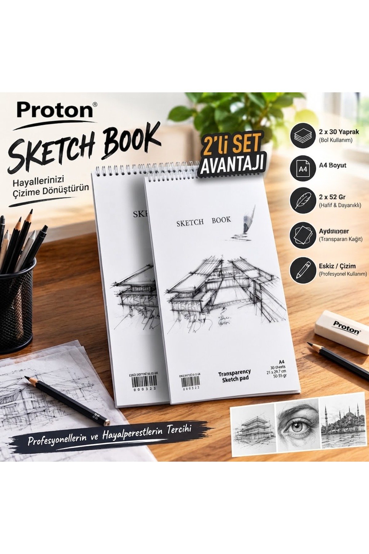 Aydınger Eskiz Defteri 3 Adet A4 30 Yaprak 52 Gr Transparan Şeffaf Çizim Kağıdı Spiral Sketchbook - görsel 5