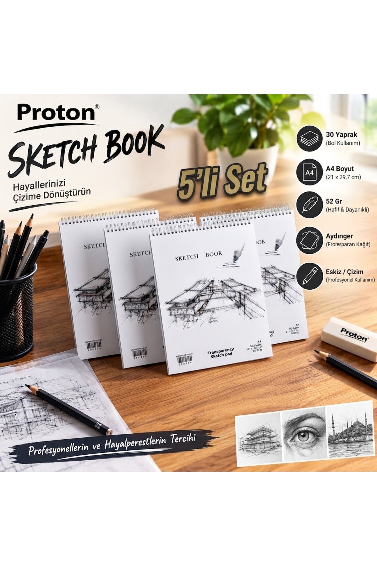Aydınger Eskiz Defteri 3 Adet A4 30 Yaprak 52 Gr Transparan Şeffaf Çizim Kağıdı Spiral Sketchbook - görsel 3