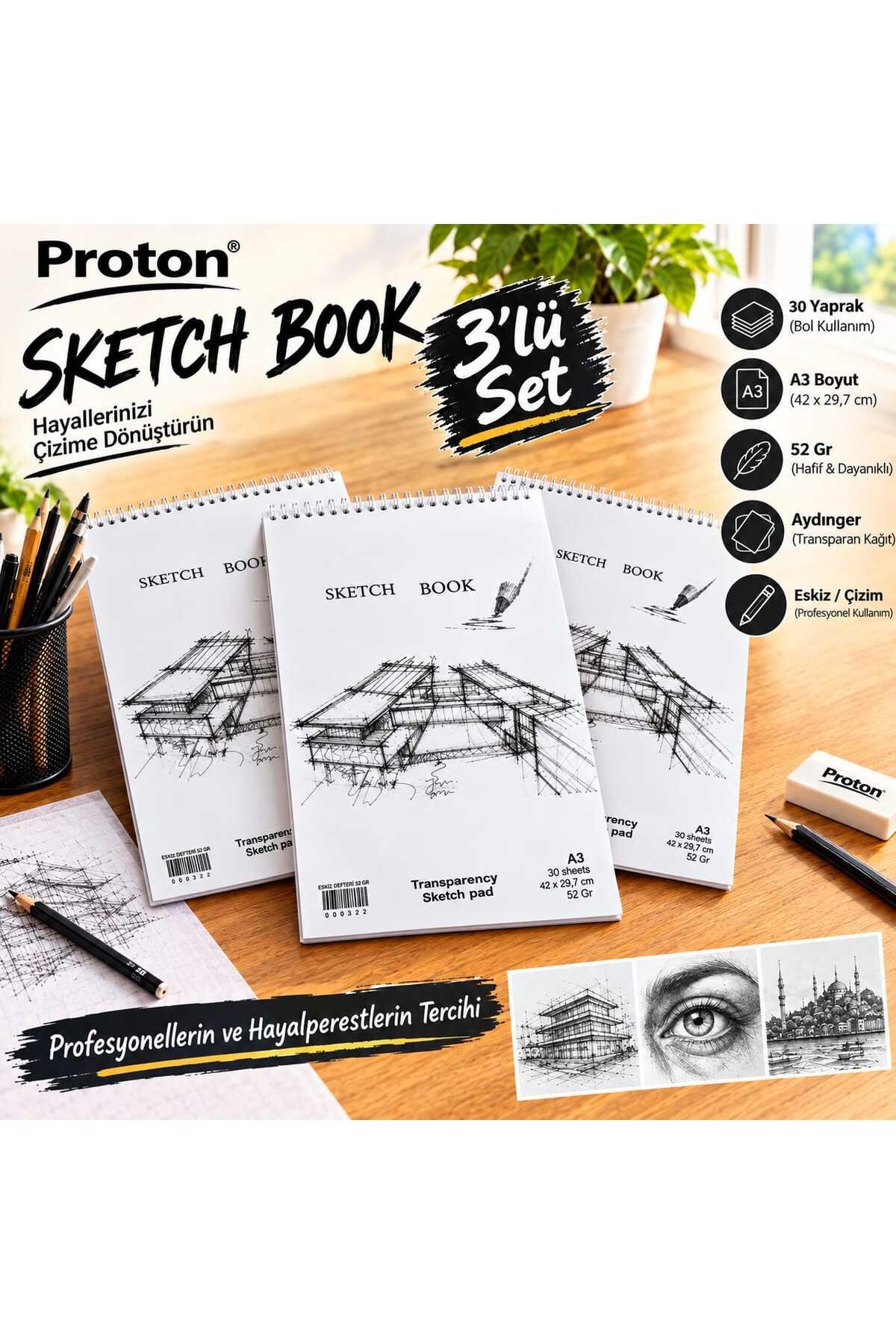 Aydınger Eskiz Defteri 5 Adet A3 30 Yaprak 52 Gr Transparan Şeffaf Çizim Kağıdı Spiral Sketchbook - görsel 7