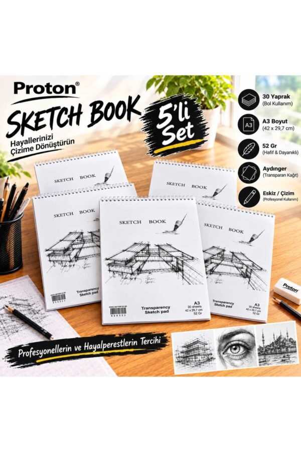 Aydınger Eskiz Defteri 5 Adet A3 30 Yaprak 52 Gr Transparan Şeffaf Çizim Kağıdı Spiral Sketchbook