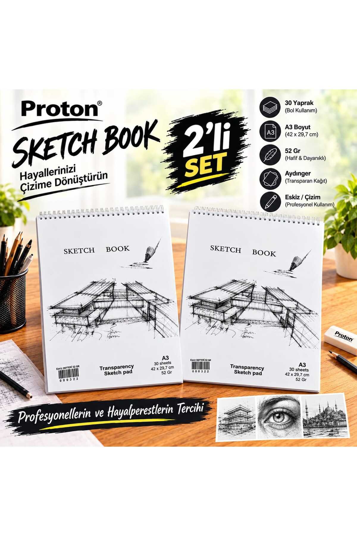 Aydınger Eskiz Defteri 5 Adet A3 30 Yaprak 52 Gr Transparan Şeffaf Çizim Kağıdı Spiral Sketchbook - görsel 4