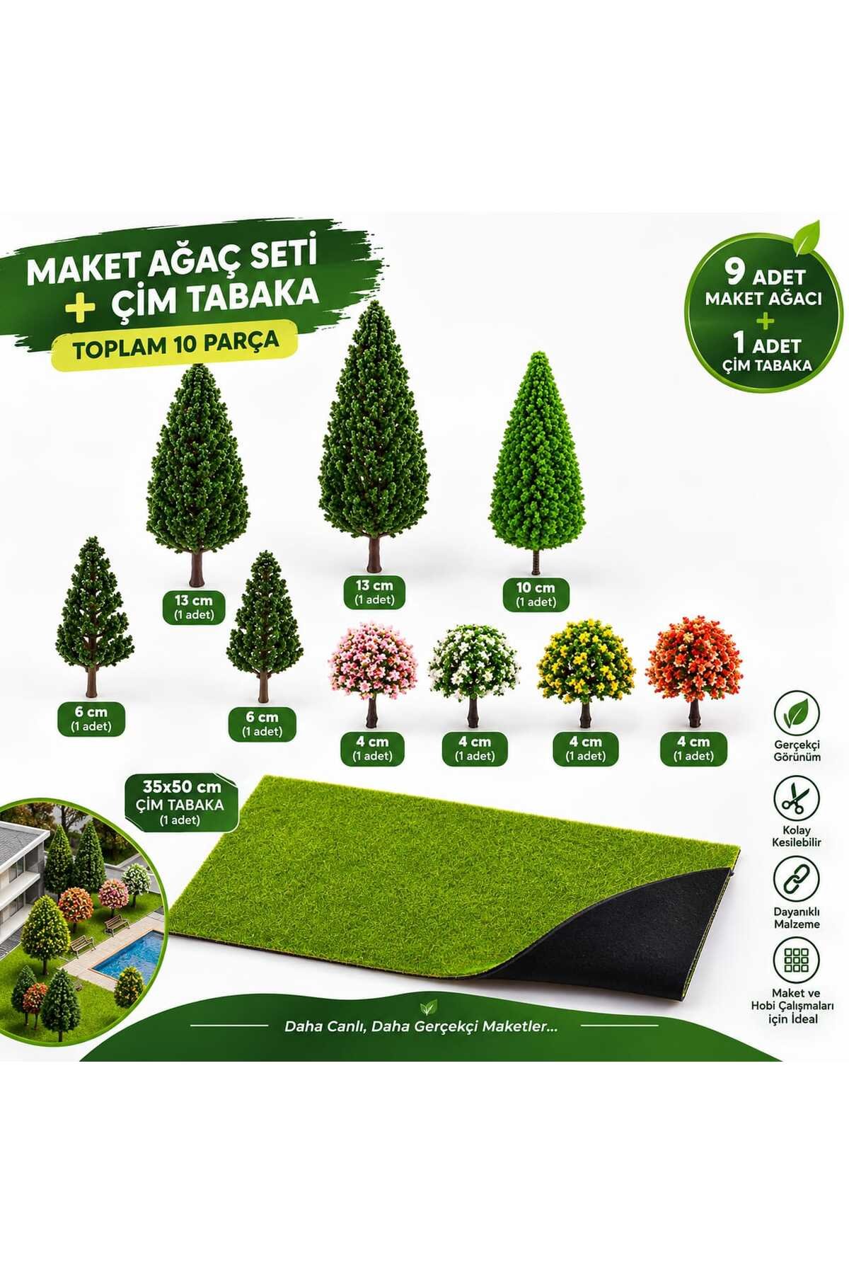 Maket Ağaç Seti 9 Adet ve 35x50 cm Çim Tabaka Mimari Maket Peyzaj Hobi Seti